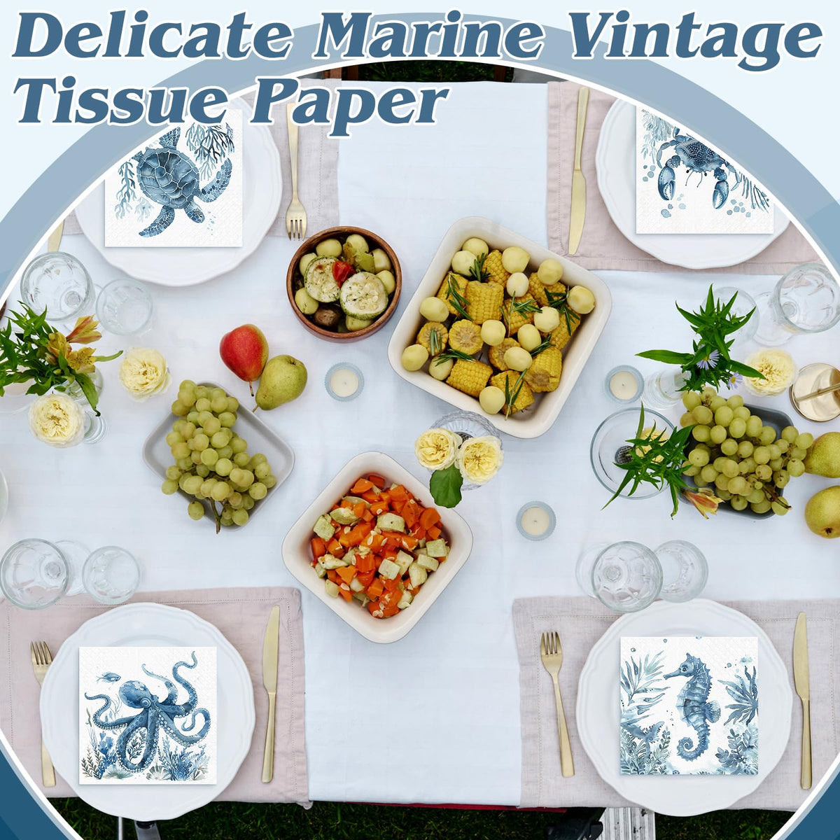 Fulmoon blue ocean napkins packaging view with 200-count pack.