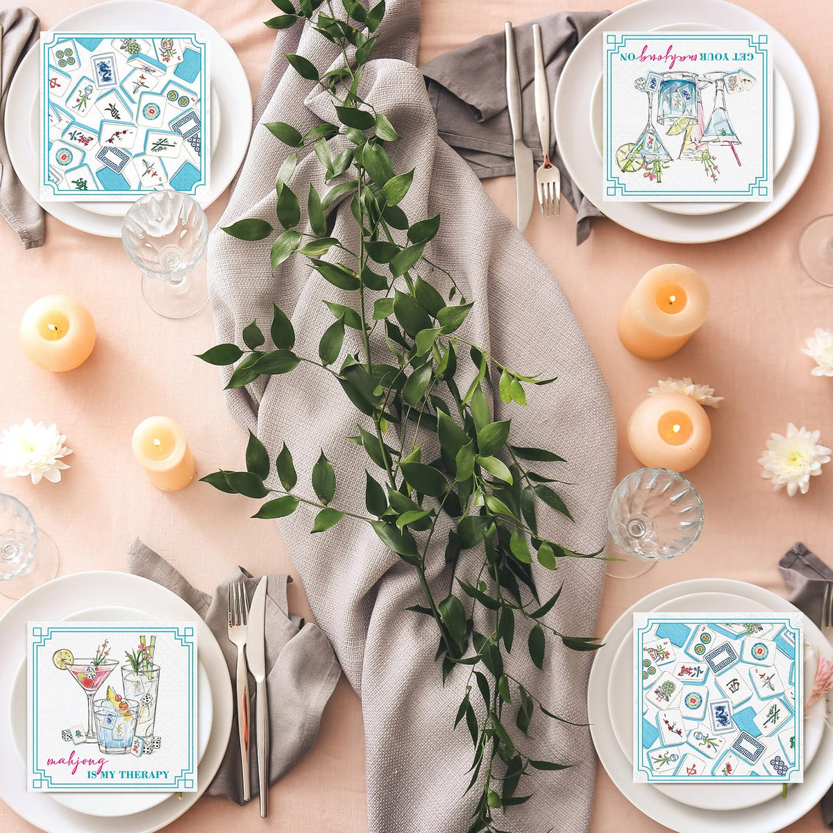 Fulmoon Mahjong napkins on a table setting boost party ambiance while protecting surfaces.