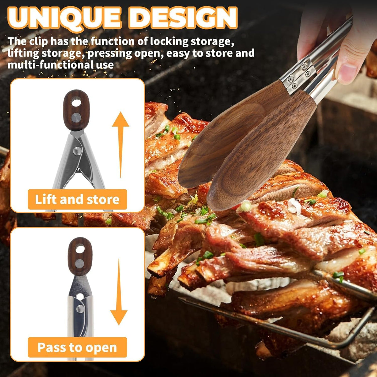 FunApricity anti-slip long-handle tongs in use for flipping