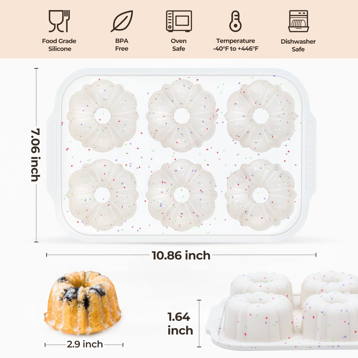 FUNBAKY six-cavity fluted pan showcasing compact silicone molds for quick batch bakes.
