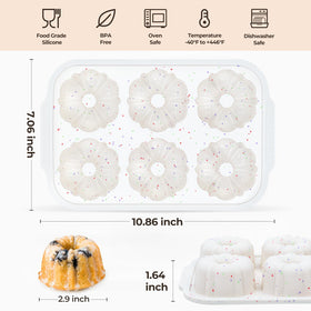 FUNBAKY six-cavity fluted pan showcasing compact silicone molds for quick batch bakes.