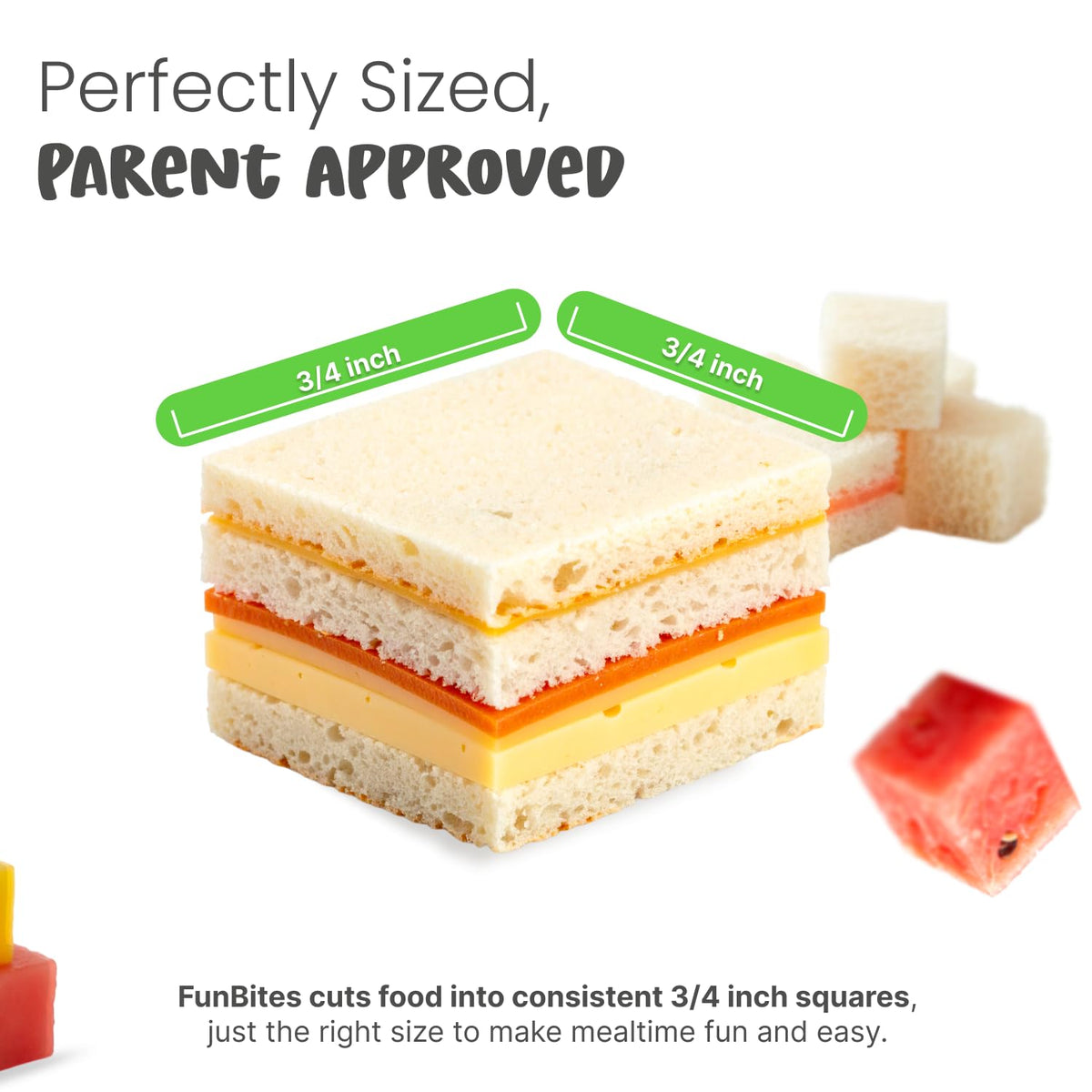 FUNBITES rocking motion provides clean cuts on soft kid-friendly foods