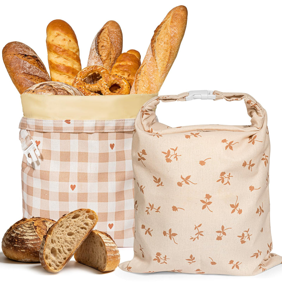 Funcoo beeswax bread bags in rose checkered pattern, two‑piece set for fresh sourdough storage.