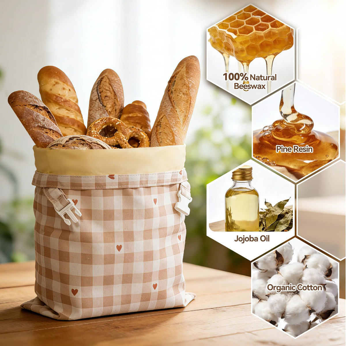 Funcoo beeswax lining detail demonstrates breathable barrier for pantry freshness.