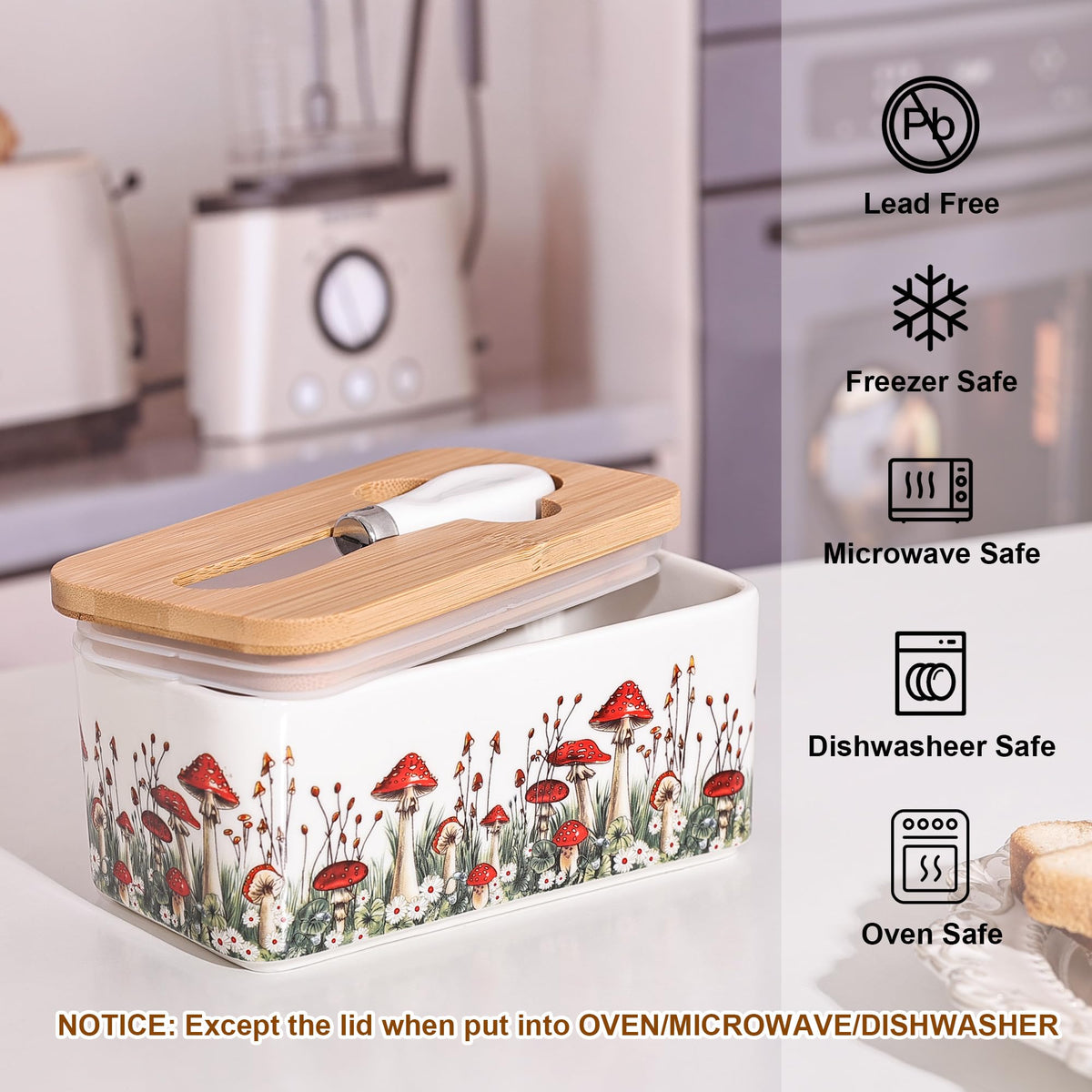 Fungi Fun bamboo-lid butter dish with knife, doubles as a small cutting board.