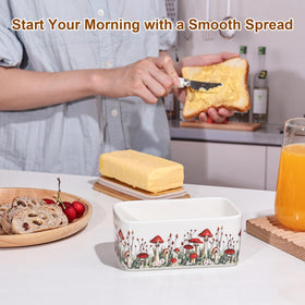 Fungi Fun butter dish stored in fridge with airtight seal for freshness.