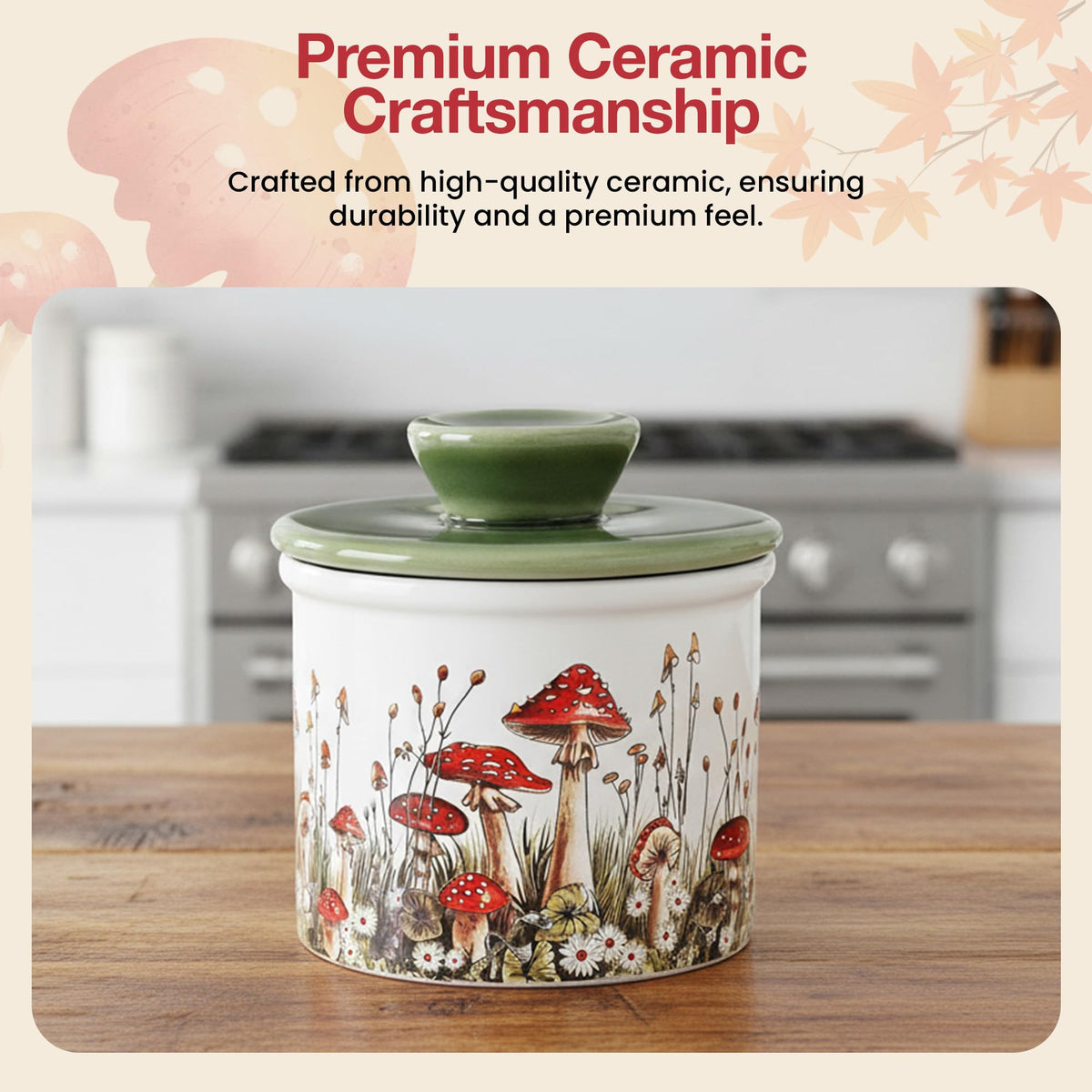 Fungi Fun ceramic butter dish with lid protects butter from dust.