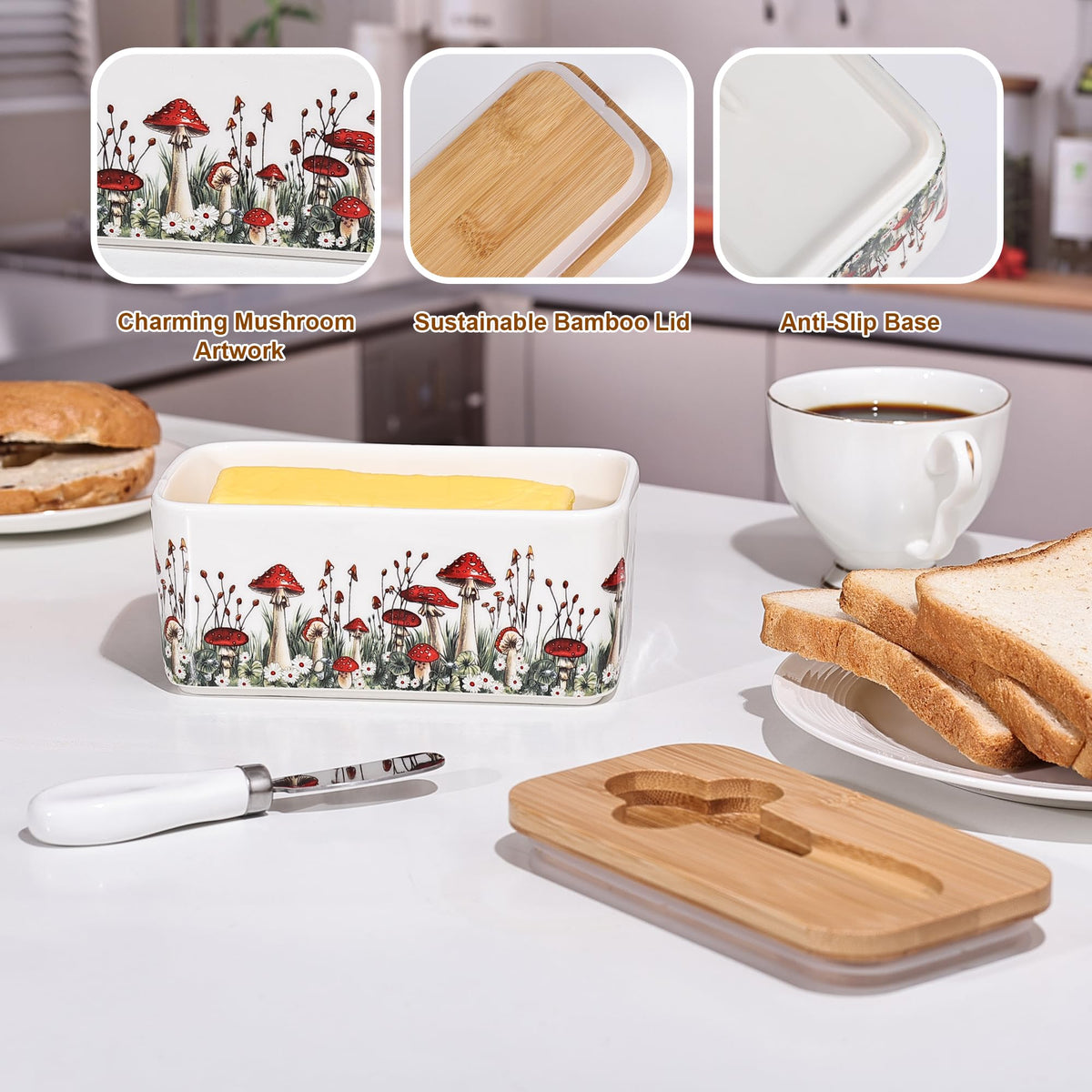 Fungi Fun ceramic mushroom butter dish on countertop, charming storage solution.