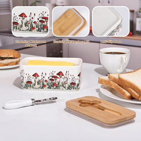 Fungi Fun ceramic mushroom butter dish on countertop, charming storage solution.