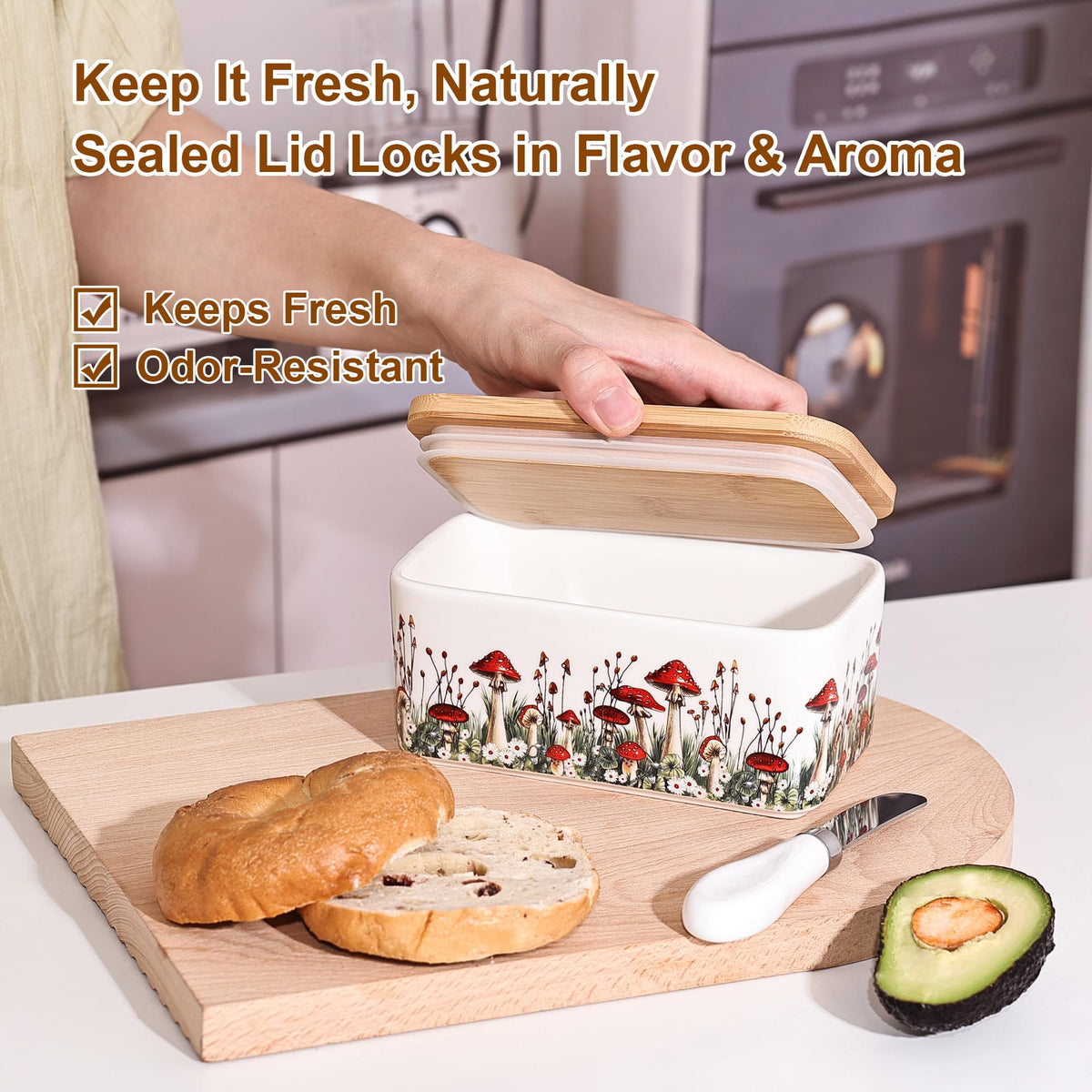 Fungi Fun hand-painted mushroom design on ceramic butter dish for cottage-core decor.