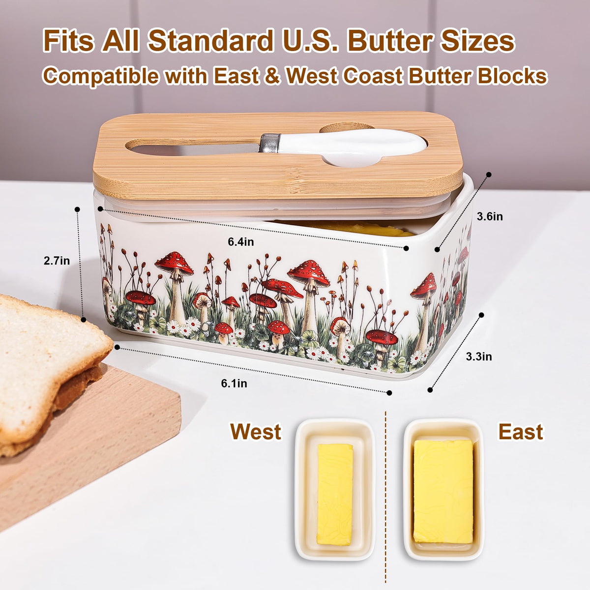 Fungi Fun lead-free ceramic butter dish for durable, safe storage.