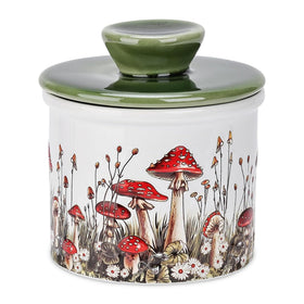 Fungi Fun mushroom butter crock on countertop, fresh and ready to spread.