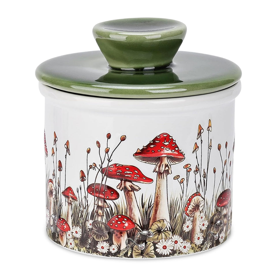 Fungi Fun mushroom butter crock on countertop, fresh and ready to spread.