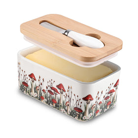 Fungi Fun mushroom butter dish with lid and knife, keeps butter fresh and accessible.