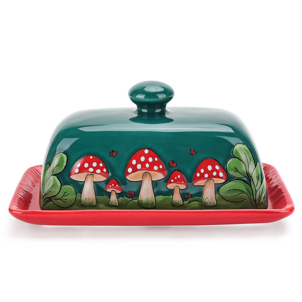 Fungi Fun mushroom butter dish with lid shows cottagecore charm for fresh, ready-to-use spreads