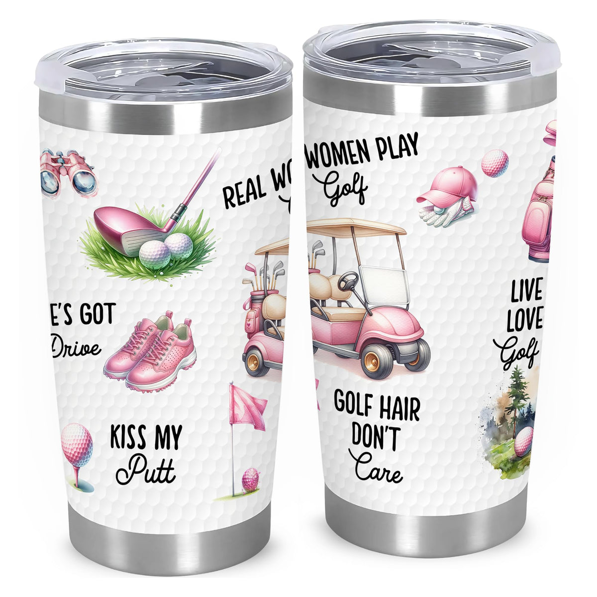 FUNITZ pink patterned golf tumbler keeps beverages stylish on the course.