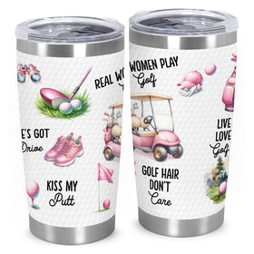FUNITZ pink patterned golf tumbler keeps beverages stylish on the course.
