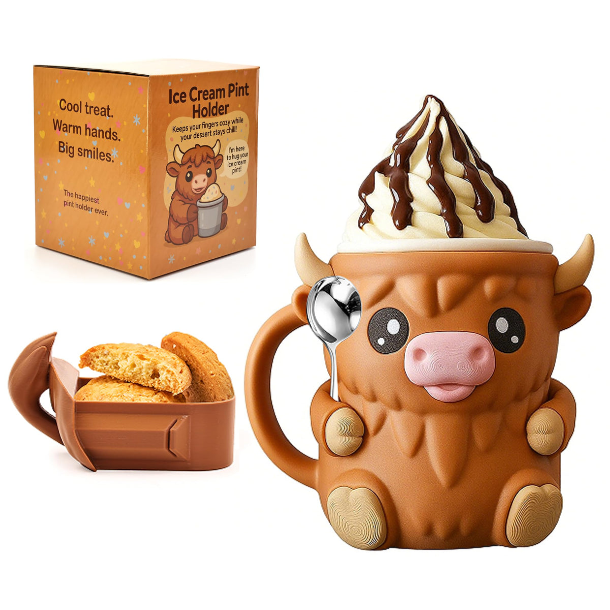 Funky Wizard Highland Cow pint holder keeps ice cream cold while adding countryside charm.