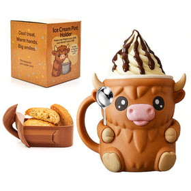 Funky Wizard Highland Cow pint holder keeps ice cream cold while adding countryside charm.