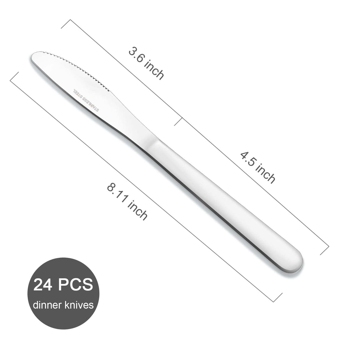 Funnydin 8-1inch dinner knife – silver mirror finish catching light.