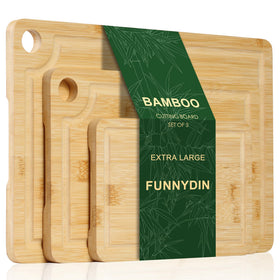 Funnydin bamboo cutting board 9x6 with built-in handle for easy transfers.