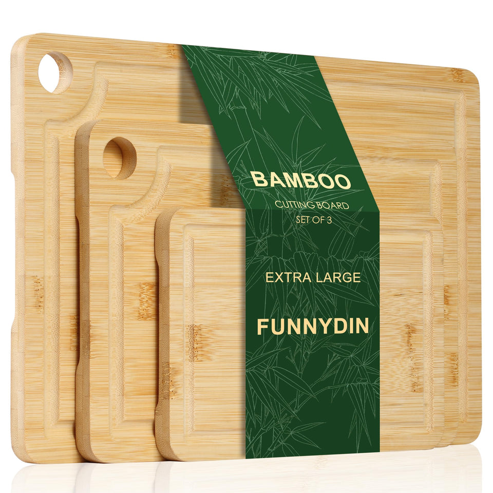 Funnydin bamboo cutting board 9x6 with built-in handle for easy transfers.