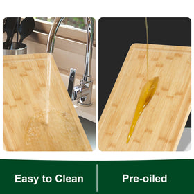 Funnydin bamboo cutting board has deep juice grooves to catch runoff.