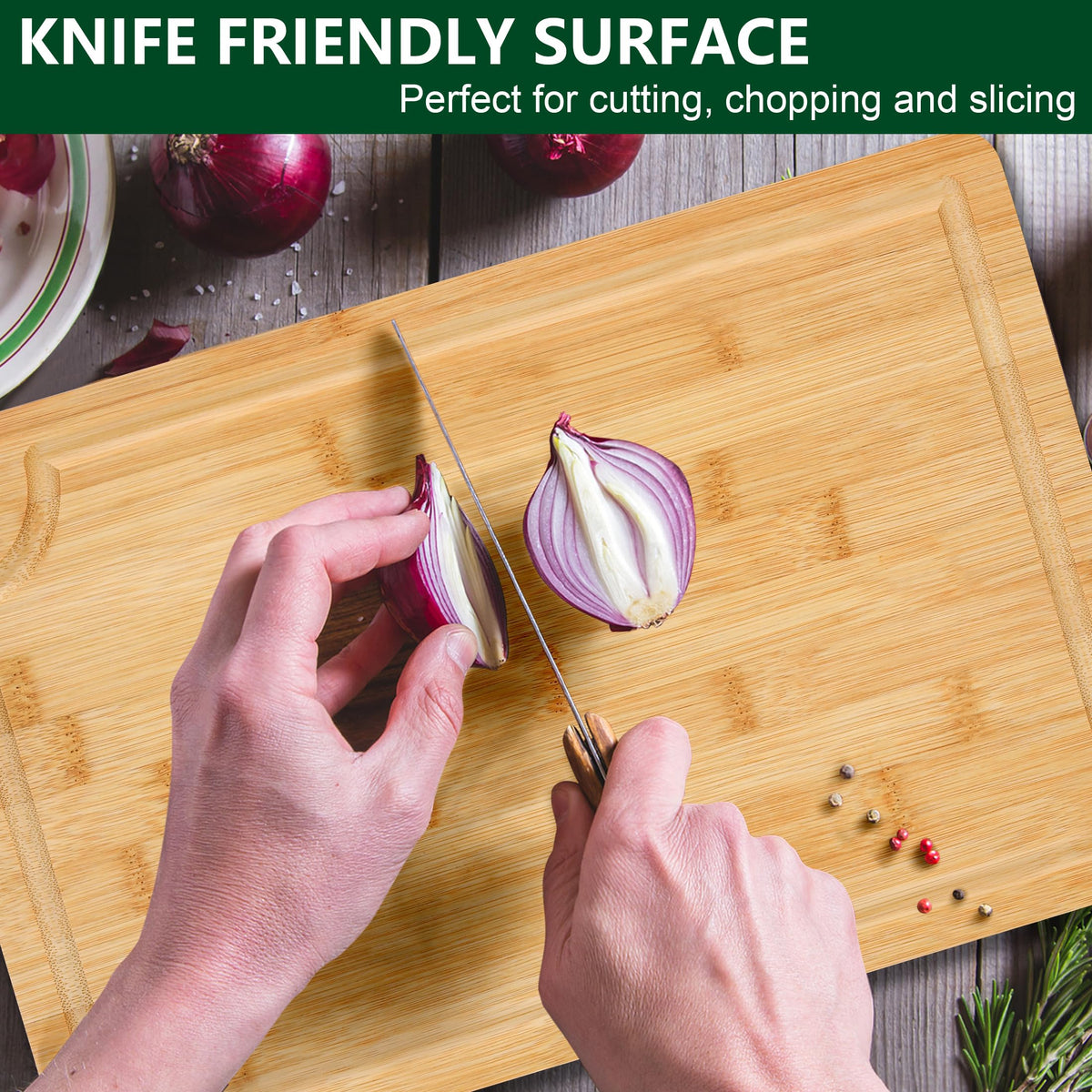 Funnydin bamboo cutting board with hanging holes for air drying after washing.