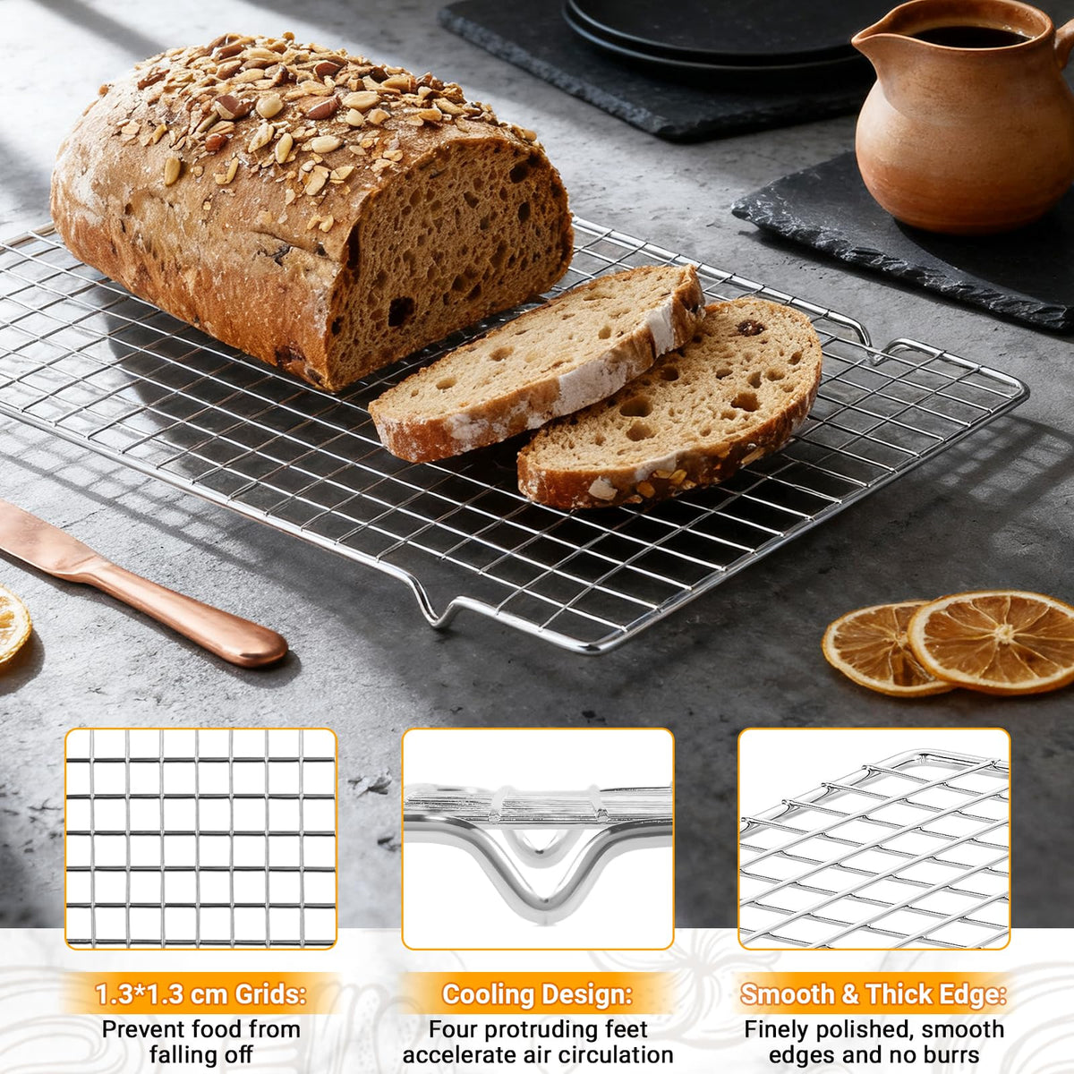Funnydin 17-inch cooling rack supports airflow for even cooling.