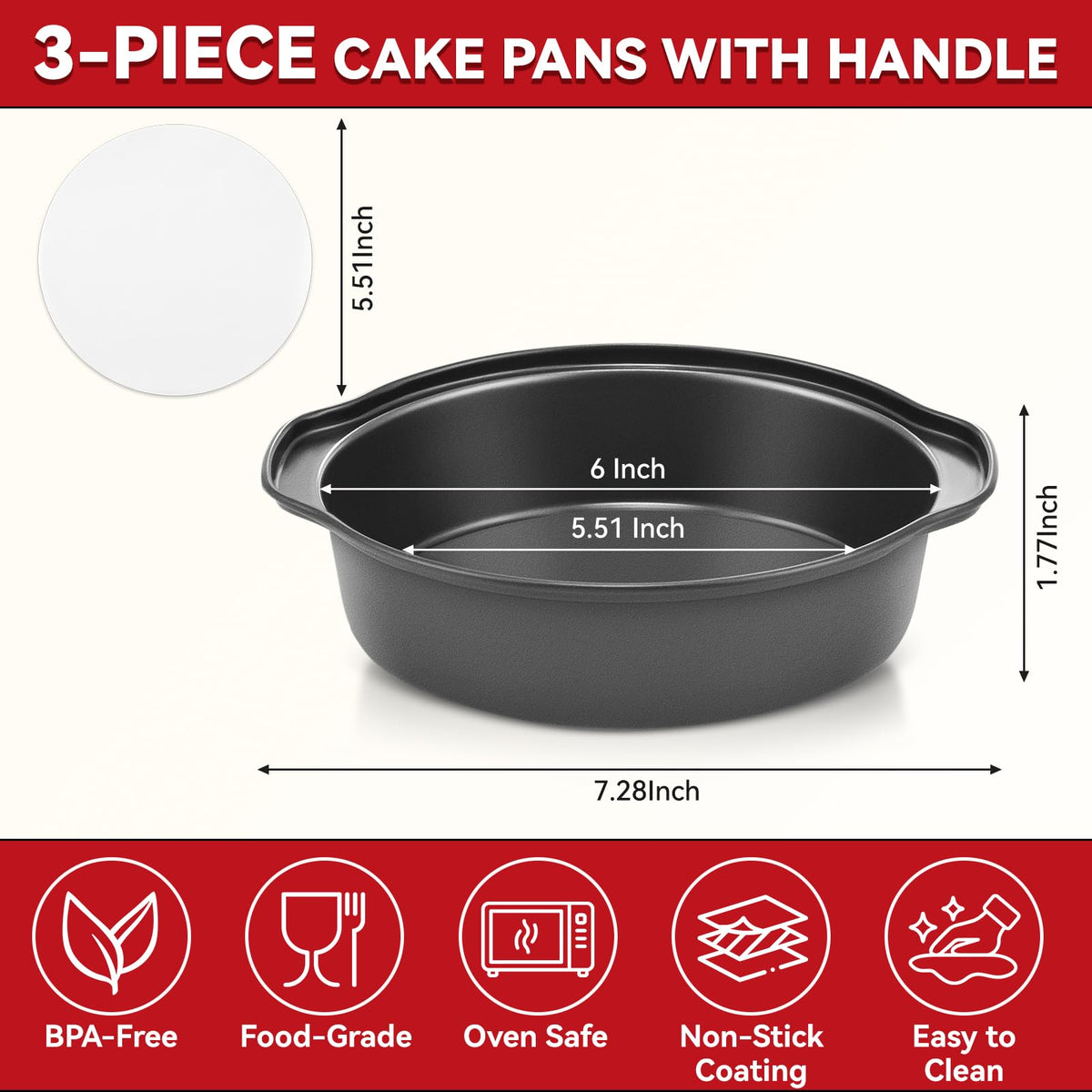 Funnydin three-piece cake pan set stacked for compact storage