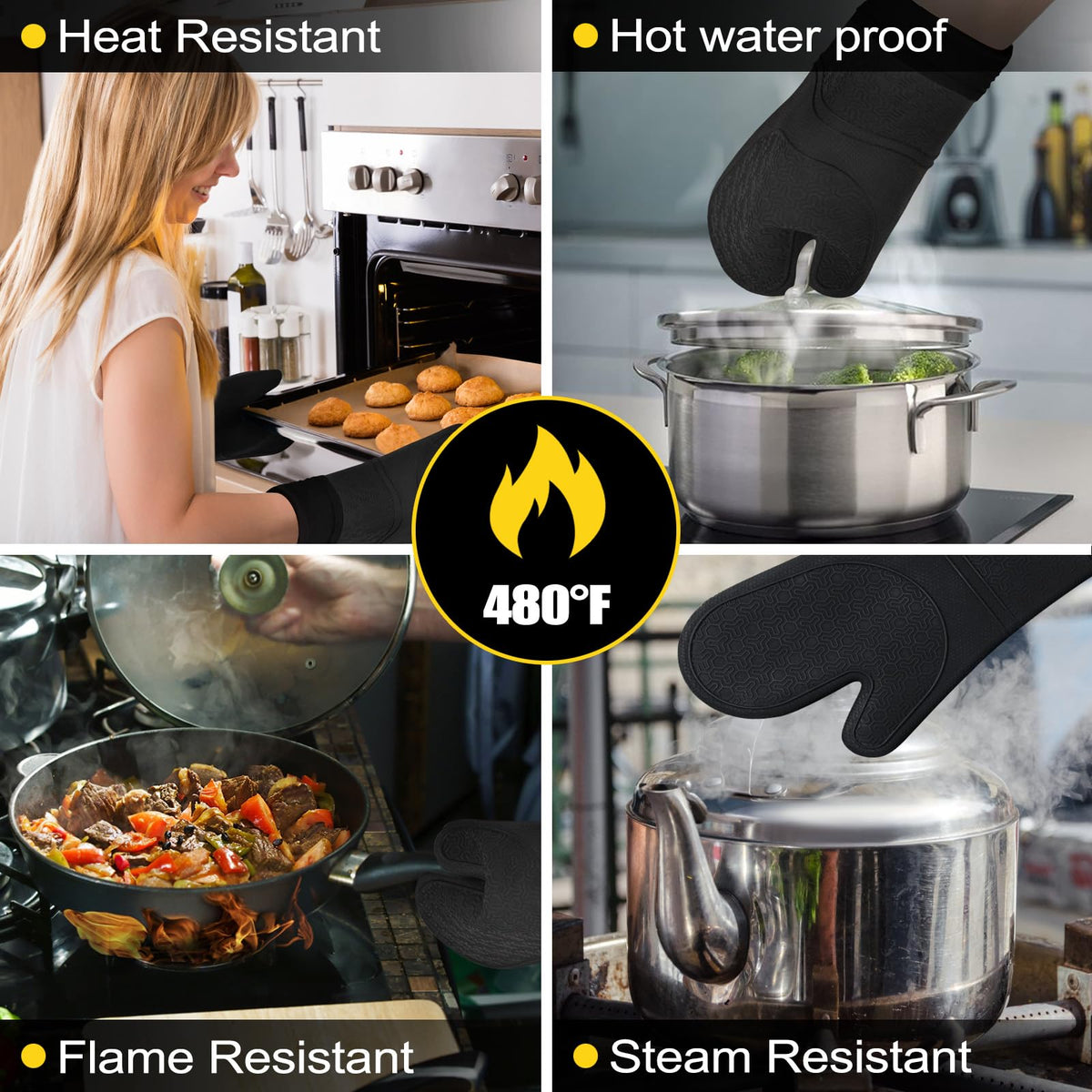 Funnydin waterproof silicone design keeps hands dry when handling steam and liquids.