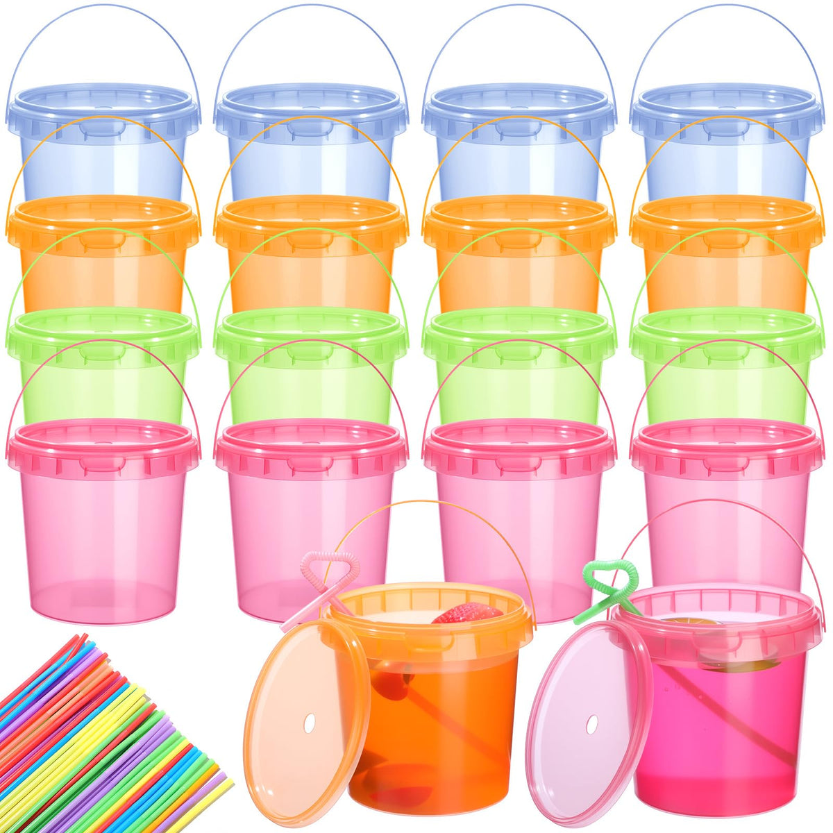 Funnymoom 16-pack buckets with lids and straws in bright colors for parties