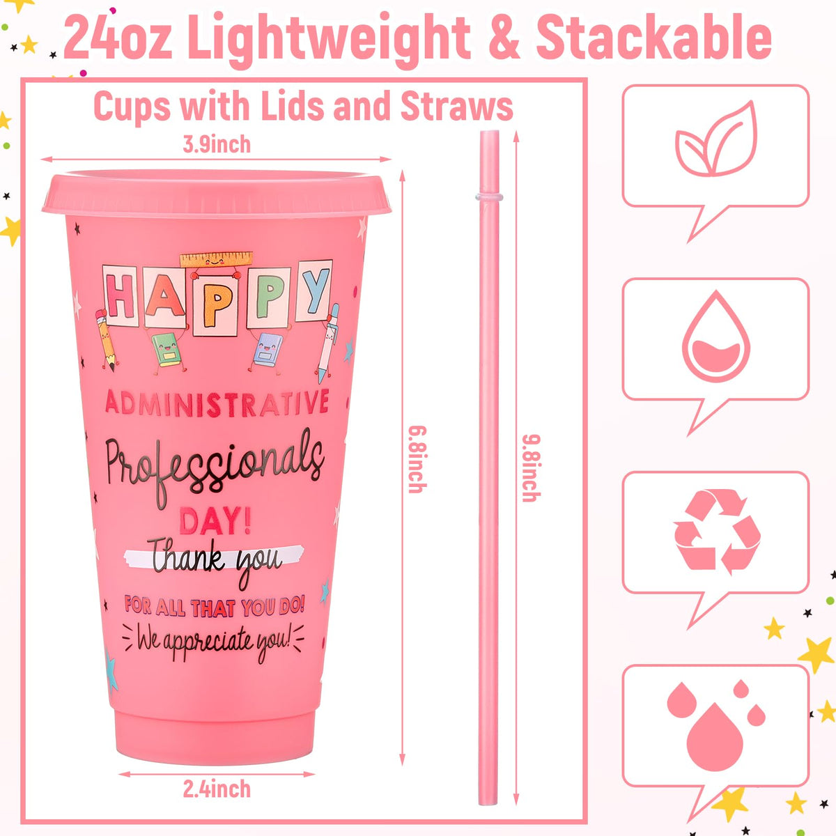 Funnymoom administrative cup in pink with straw and lid for vibrant desk use.