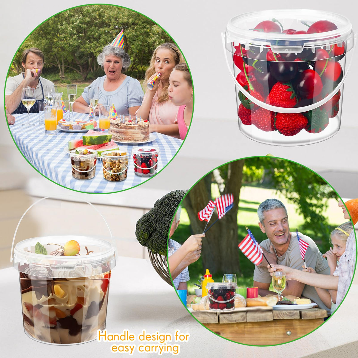 Funnymoom transparent bucket with handle ideal for picnics and lunches.