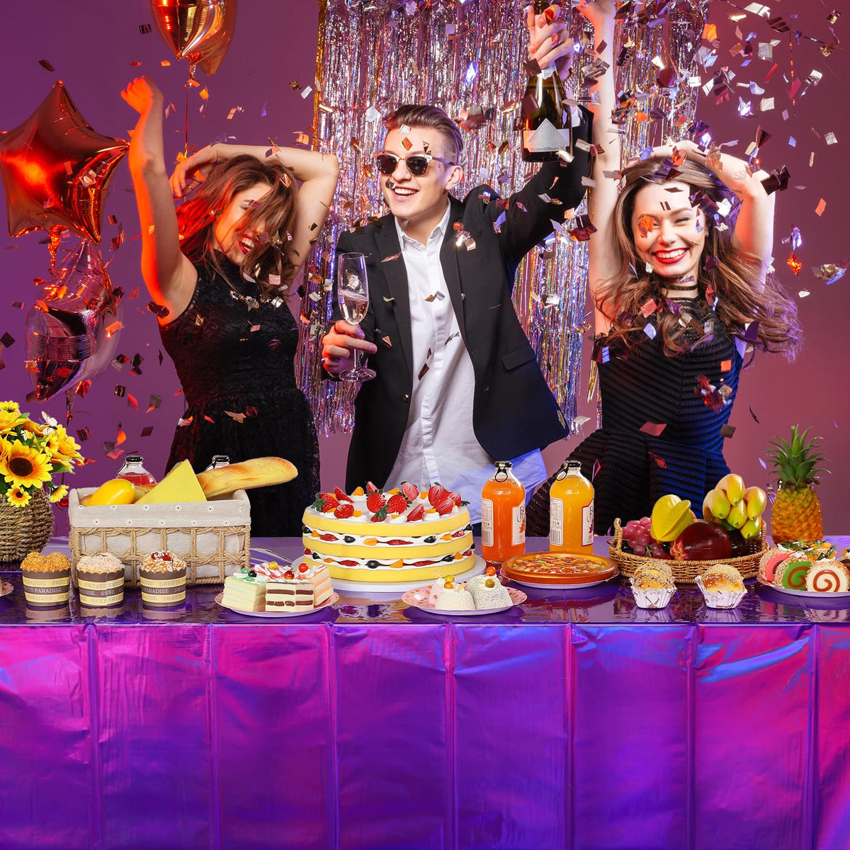 FunnyPars birthday party tablecloth in purple brings vibrant color to photos.