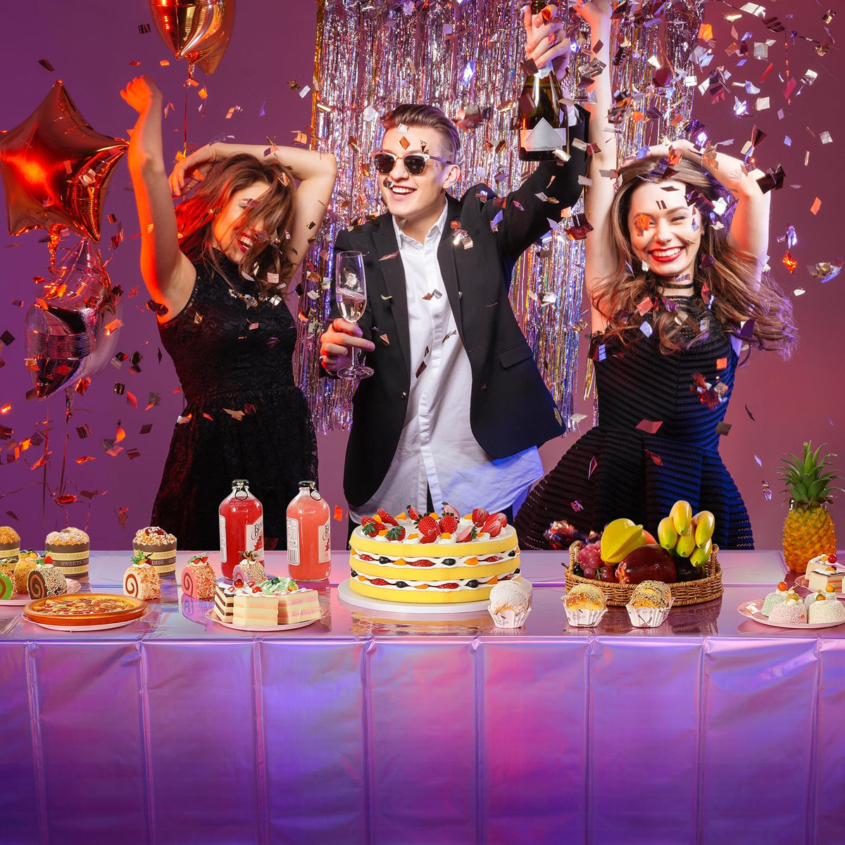 FunnyPars iridescent party cover fits rectangular tables up to 8 feet.
