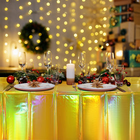 FunnyPars gold tablecloth suits birthdays, celebrations, or weddings with style.