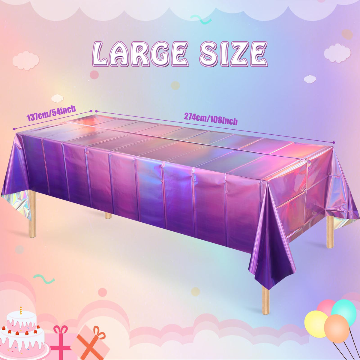 FunnyPars holographic pink-purple tablecloths shine under light to elevate celebrations.