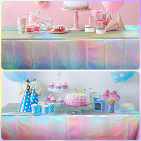 FunnyPars pastel party setup with iridescent tablecloths for spring events