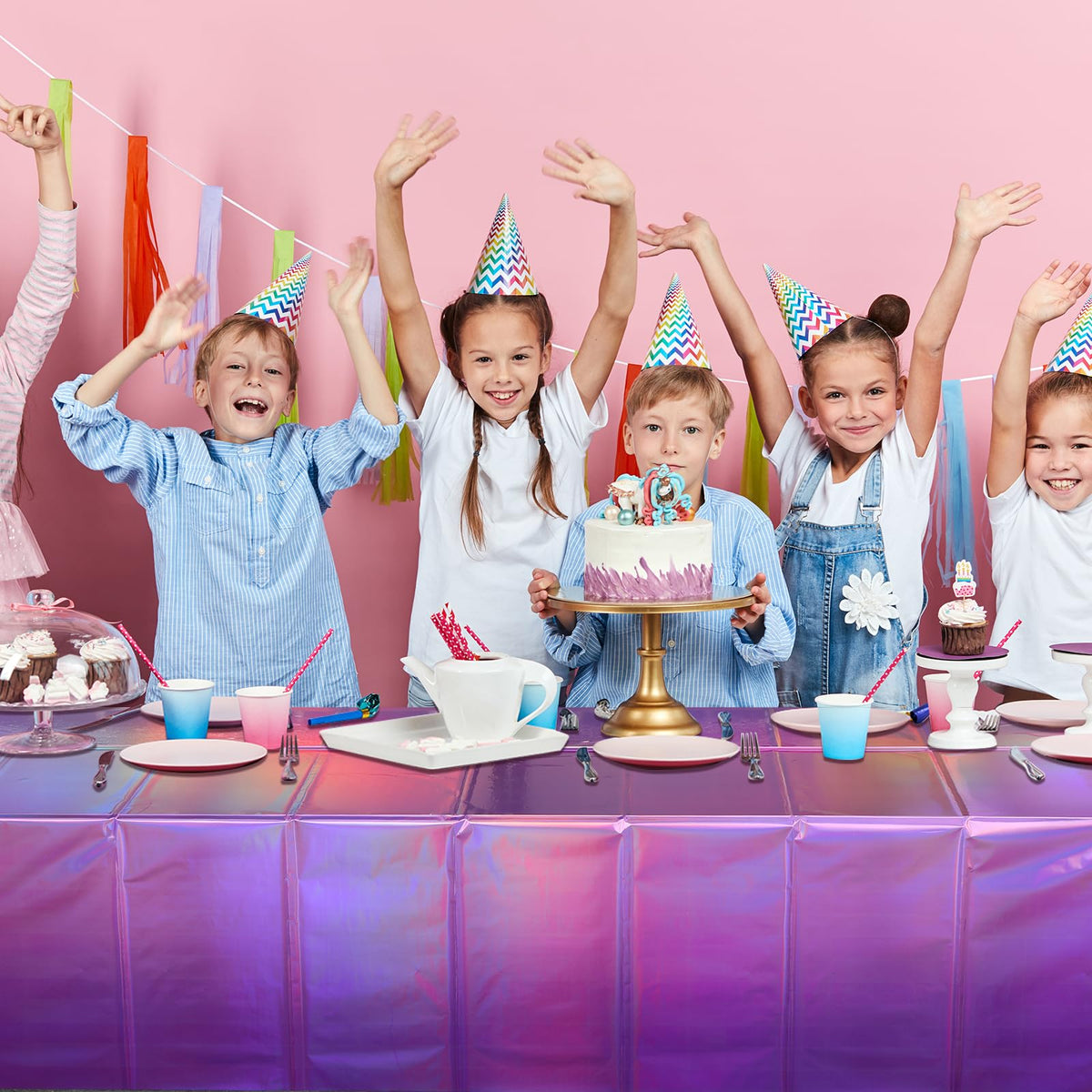 FunnyPars pink-purple tablecloths bring cohesive decor for baby showers and graduations.