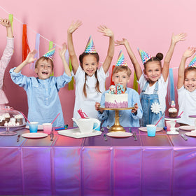 FunnyPars pink-purple tablecloths bring cohesive decor for baby showers and graduations.