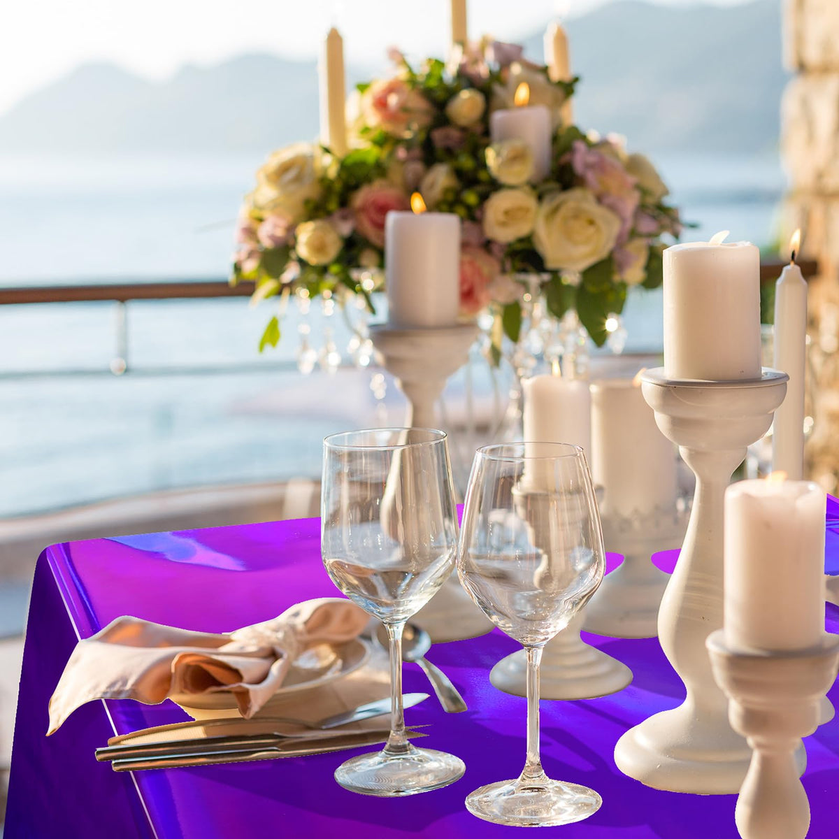 FunnyPars purple tablecloth decor suits birthdays, weddings, and celebrations with shimmering charm.