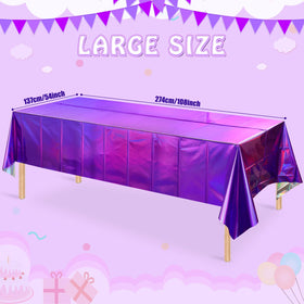 FunnyPars shiny laser tablecloth in purple creates dynamic light reflections for party decor.