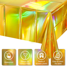FunnyPars waterproof gold tablecloth protects surfaces during meals and events.