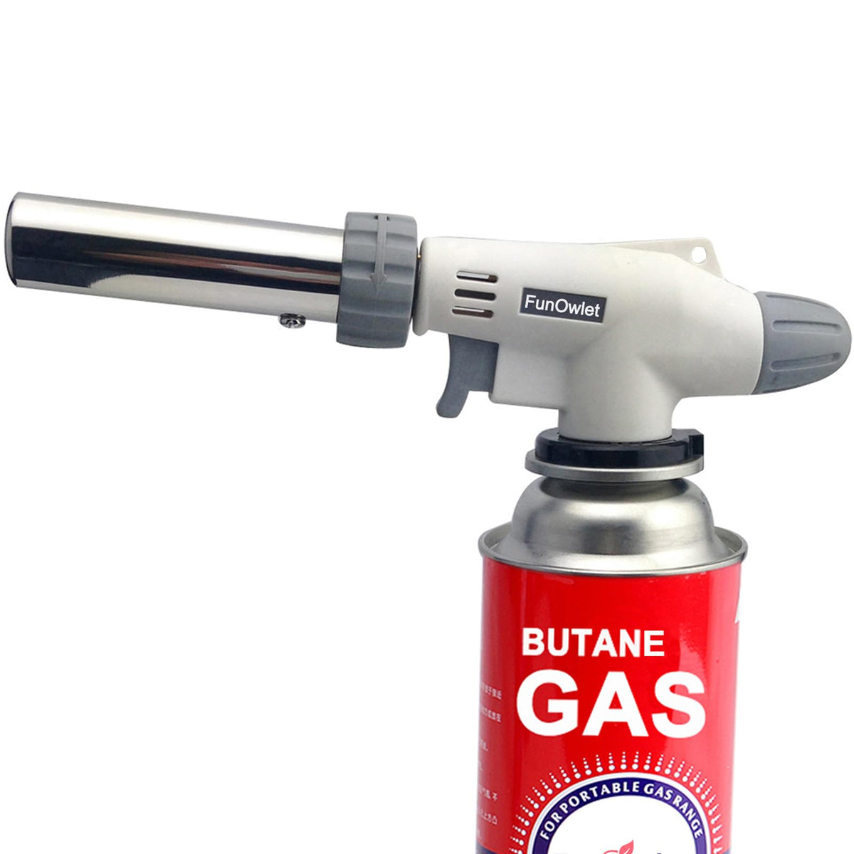 FunOwlet butane torch showing 360-degree reverse-use for precise searing
