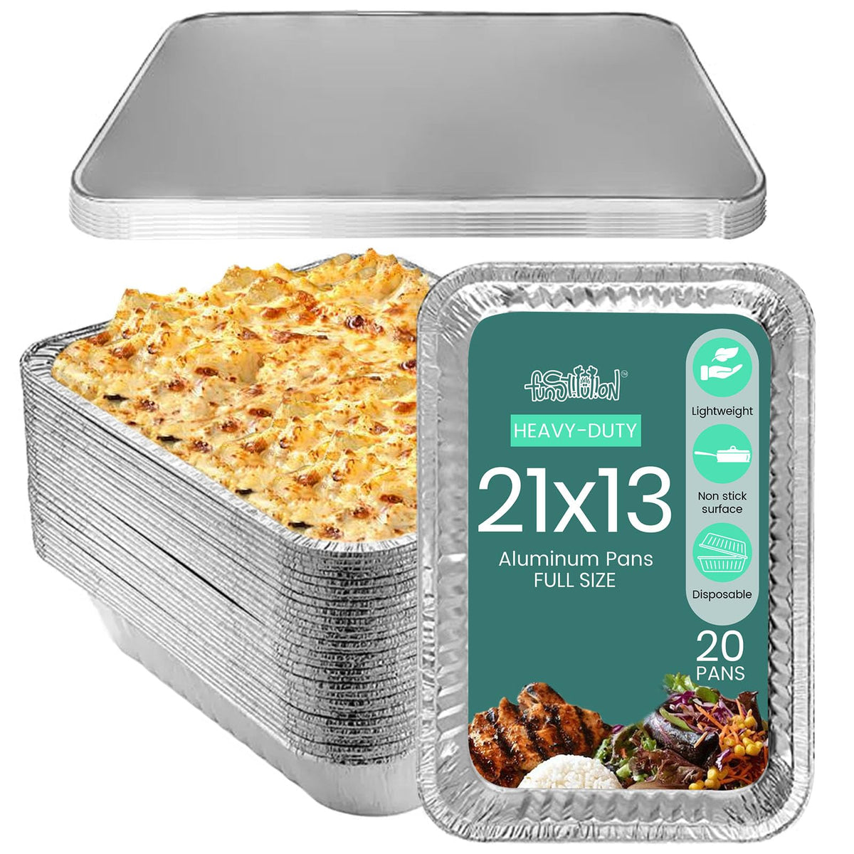 FUNSTITUTION full-size foil pan 21x13 inches, ideal for large bakes and serving.