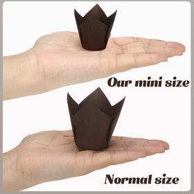 Funtery mini tulip cupcake liner on baking pan, fits standard muffin cups evenly.