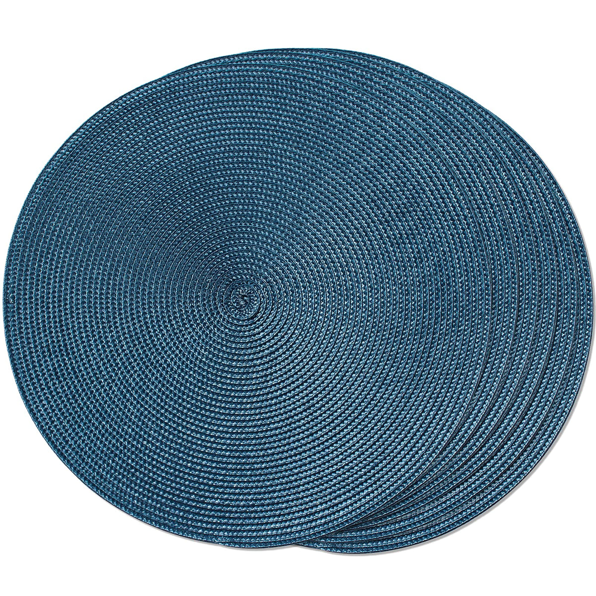 FunWheat blue round braided placemats in dining setup protect tableware.