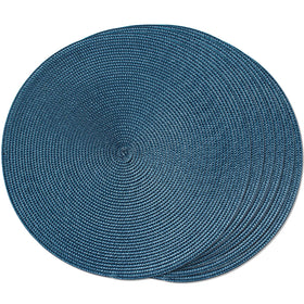FunWheat blue round braided placemats in dining setup protect tableware.