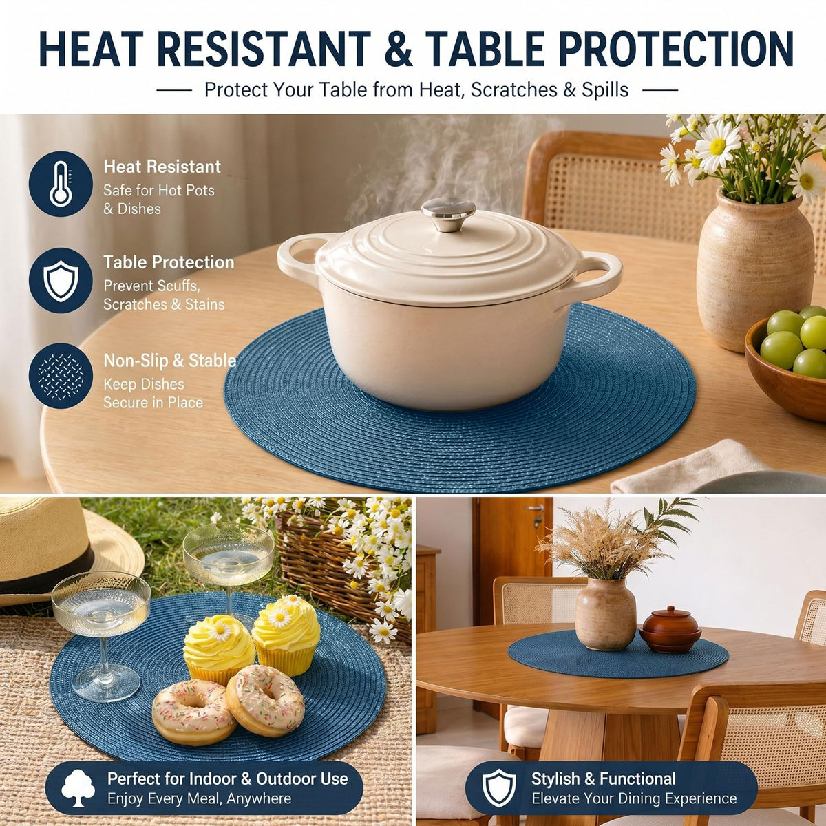 FunWheat blue placemats brighten any dining table.